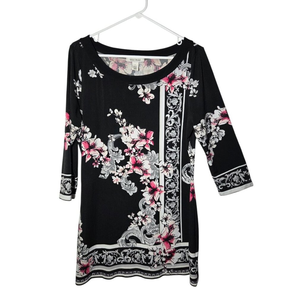 WHBM Black White Pink Floral Boat Neck 3/4 Sleeve tunic top L